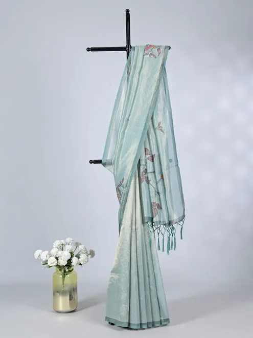 Blue tissue saree with printed detailing