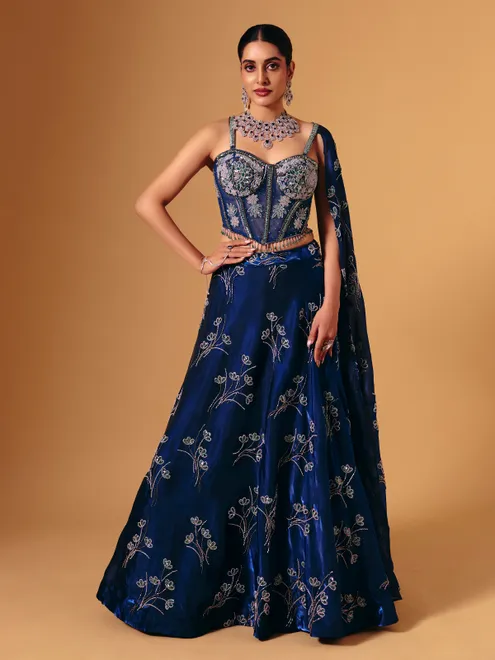 Blue tissue satin silk designer lehenga choli