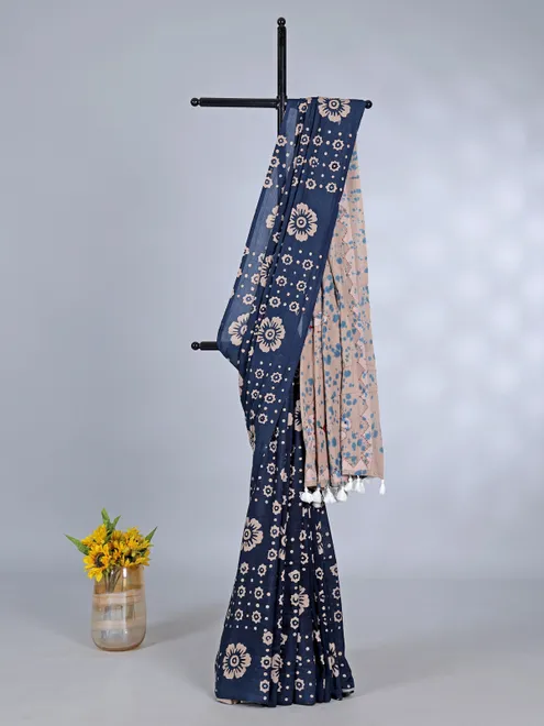 Blue tusser silk saree with thread work