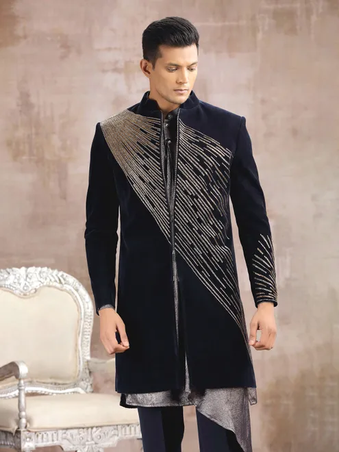 Blue velvet indo western with cutdana embellishment