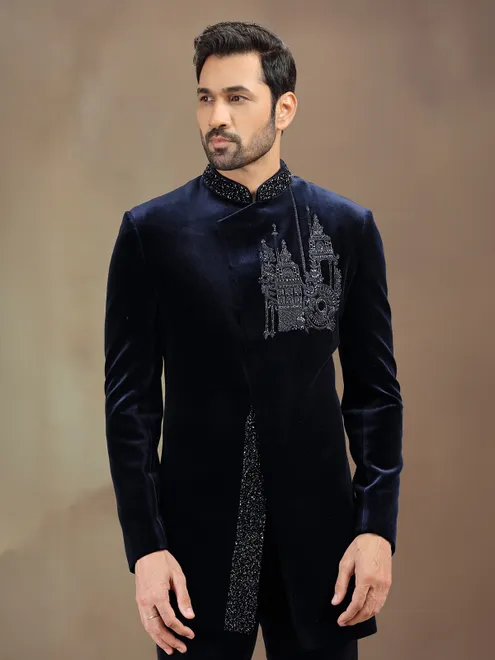Blue velvet indowestern set with cutdana embellishment