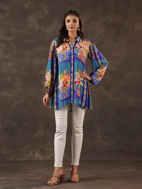 Blue viscose crepe printed casual short kurti