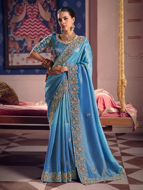 Blue viscose tissue saree with embellished border for wedding