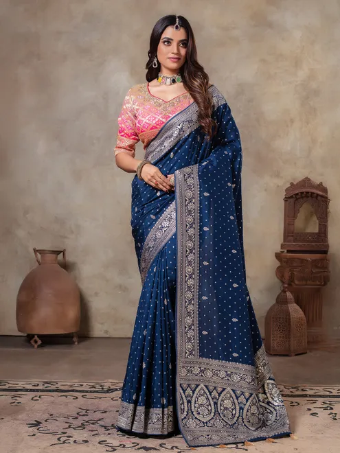 Blue zari weaving dola silk saree for wedding