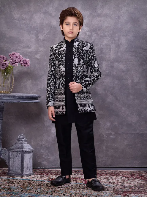 Bold black jacquard jacketed ethnic ensemble