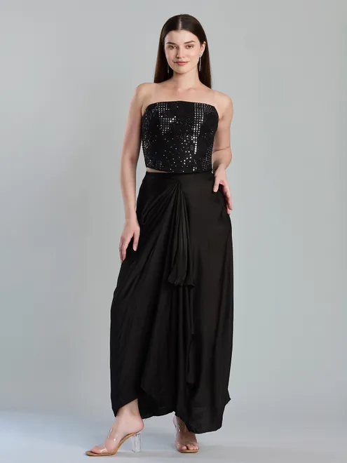 Bold black satin indo western strapless drape skirt set