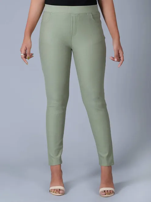 Boom solid pista green slim fit jeggings