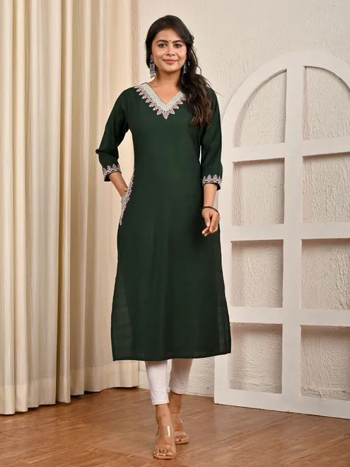 Bottle green casual cotton silk embroidered kurti
