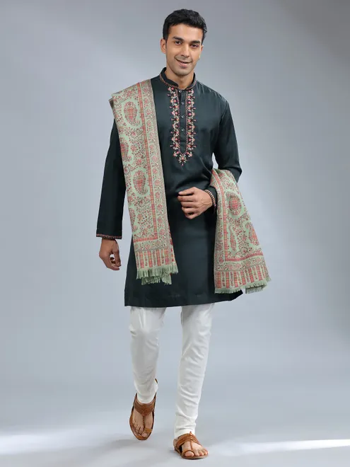 Bottle green cotton silk kurta pajama