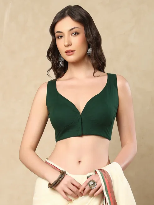 Bottle green cotton sweetheart neck sleeveless blouse