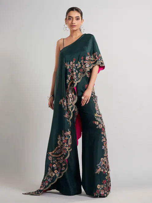 Bottle green designer silk palazzo suit