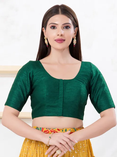 Bottle green dupion silk front open stylish blouse