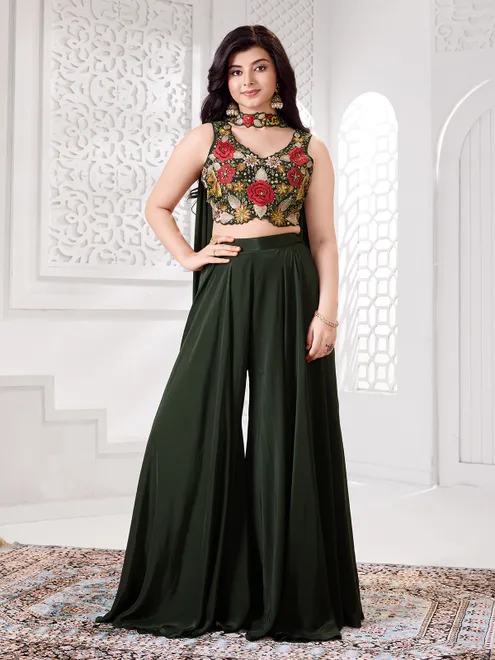 Bottle green embroidered palazzo suit