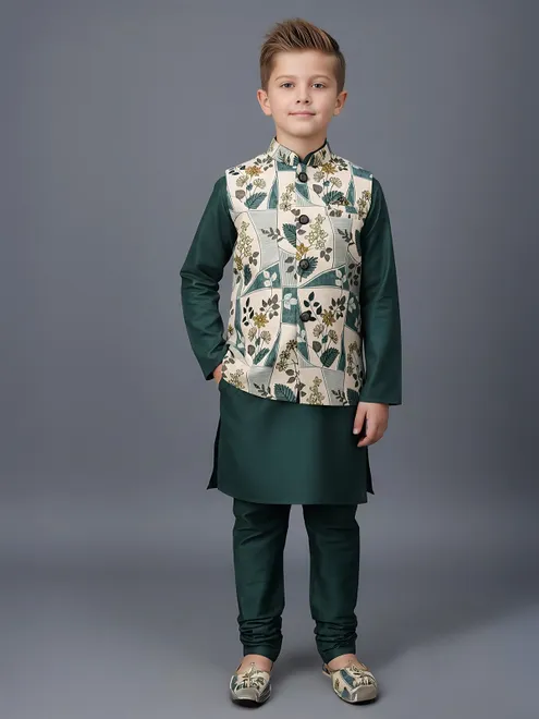 Bottle green floral printed silk blend waistcoat set