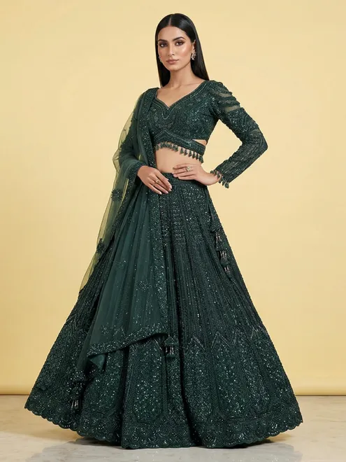 Bottle green net designer sweetheart neck lehenga choli