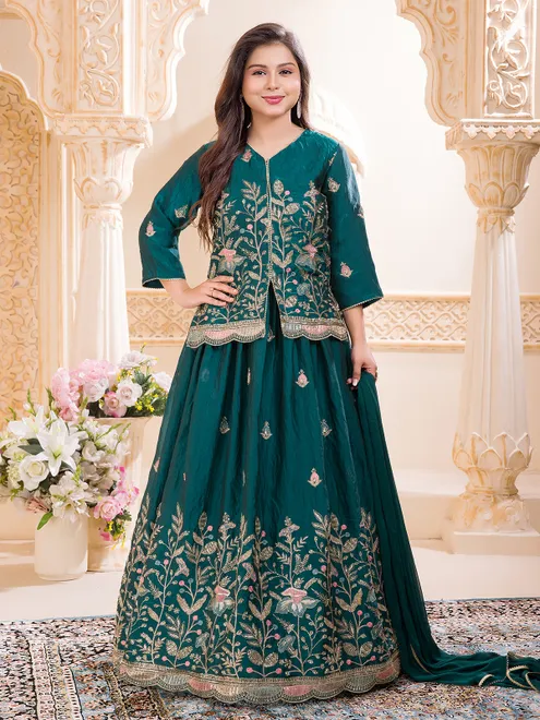 Bottle green silk embroidered work festive lehenga choli