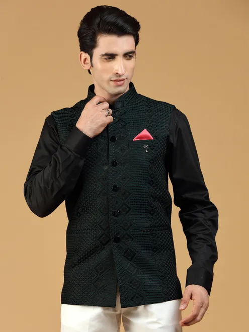 Bottle green silk festive wear Nehru Jacket for men