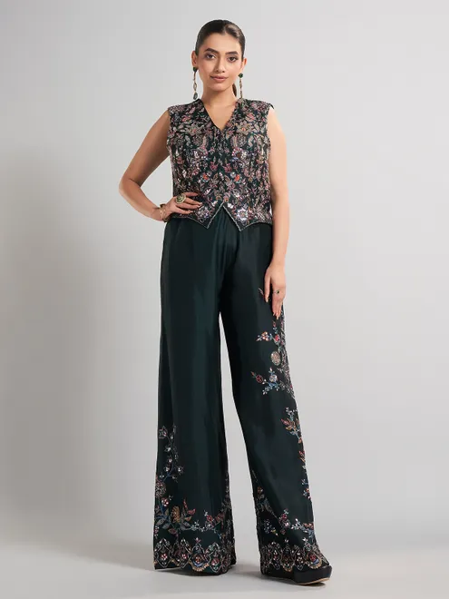Bottle green sleeveless silk palazzo suit
