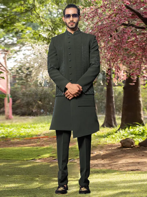 Bottle green terry rayon indowestern for reception