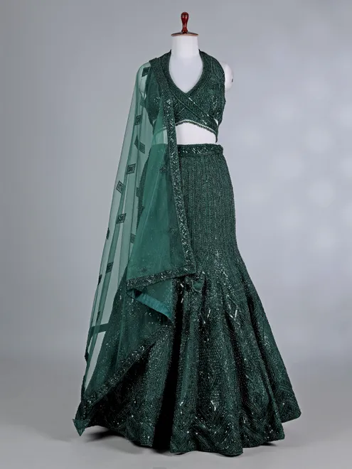 Bottle green u-neck designer silk lehenga choli