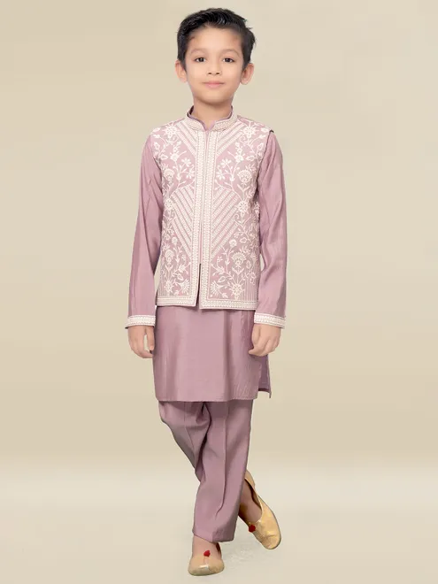 Boys light wine silk waistcoat set with embroidery