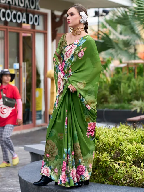 Bright green printed saree in georgette