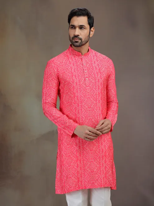 Bright pink silk printed kurta suit for men