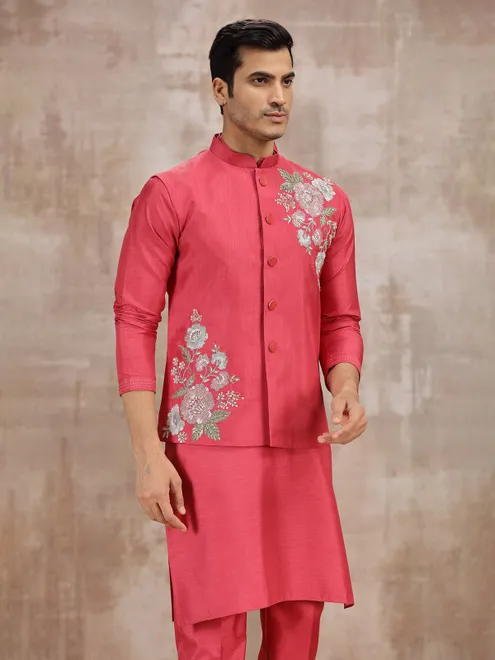 Bright pink silk waistcoat set for festival wear