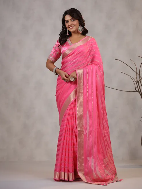 Bright pink soft organza saree