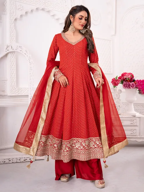 Bright red pakistani georgette palazzo suit with zari work