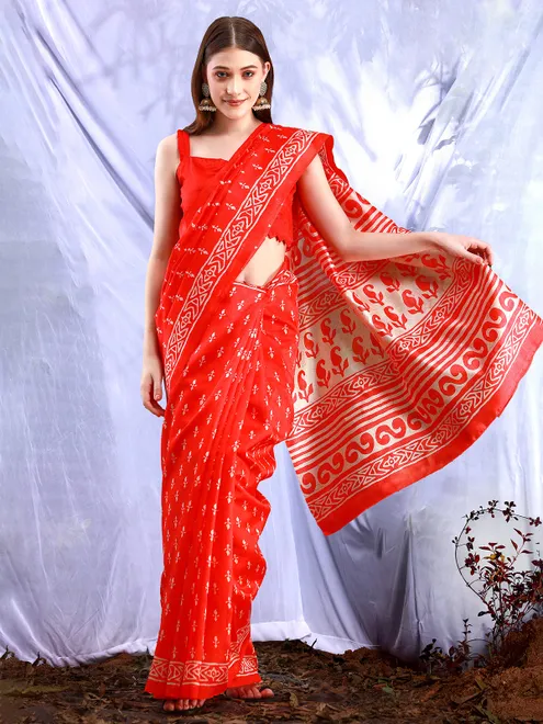 Bright red zig zag printed bhagalpuri silk saree