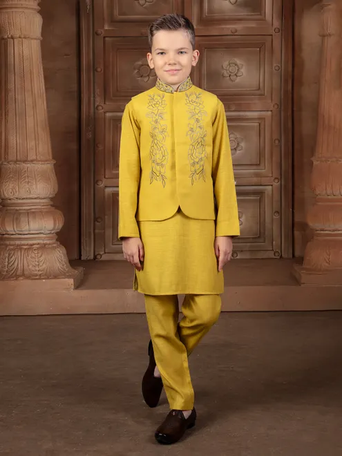 Bright yellow cotton silk waistcoat set for haldi flair
