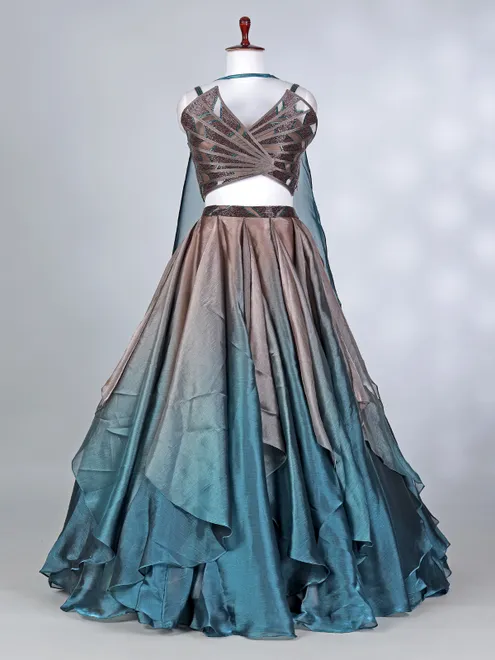 Brown and blue tissue silk designer lehenga choli