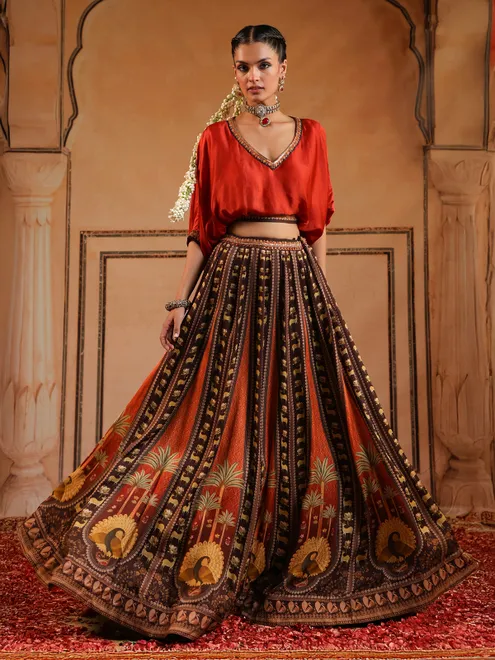 Brown and red silk printed lehenga choli