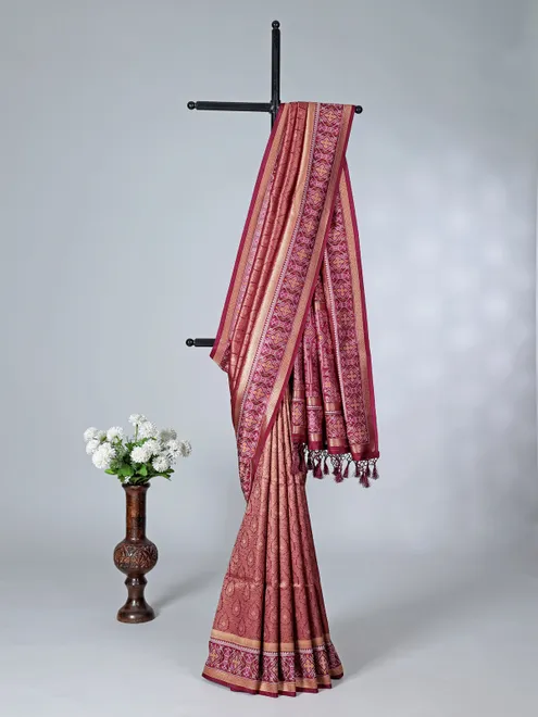 Brown art silk zari saree with colorful border