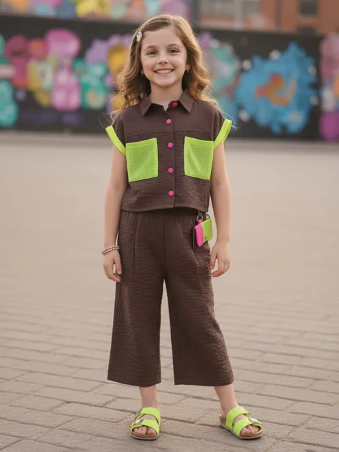 Brown cotton co-ord set with dual-pocket shirt style