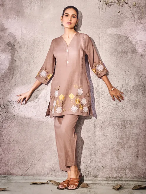 Brown cotton kurti set with embroidery