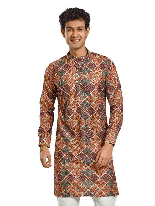 Brown cotton printed kurta with thread and sequins work