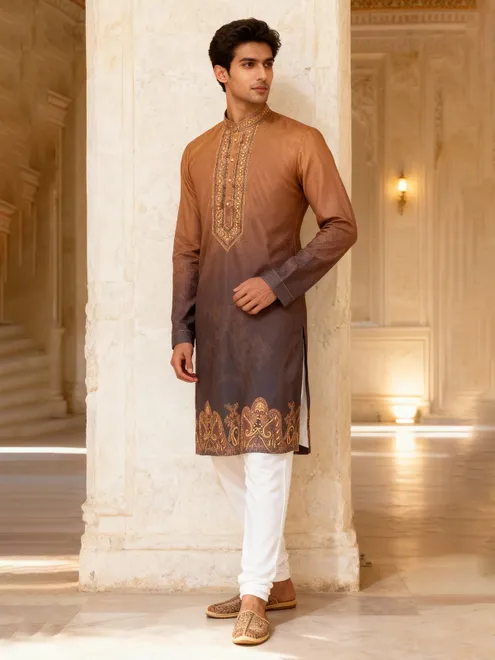 Brown cotton silk daman printed kurta pant suit