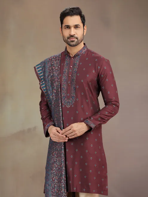Brown cotton silk kurta pajama with dupatta