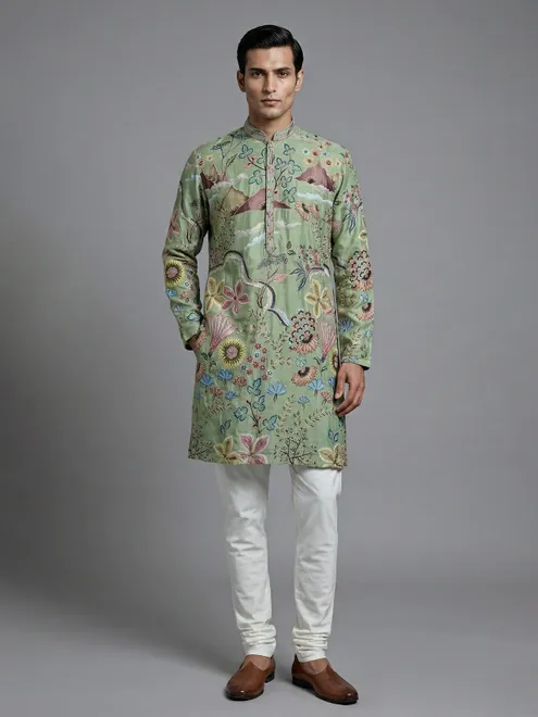 Brown cotton silk printed kurta suit with resham and sequin work