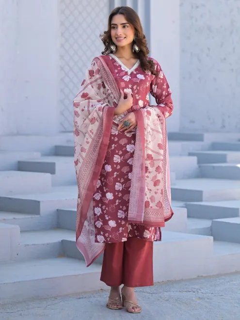 Brown cotton silk printed kurti set for women