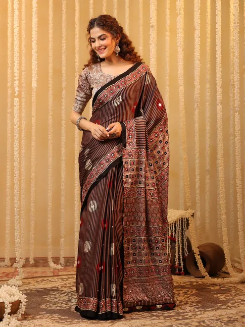 Brown cotton silk printed saree with sequins work