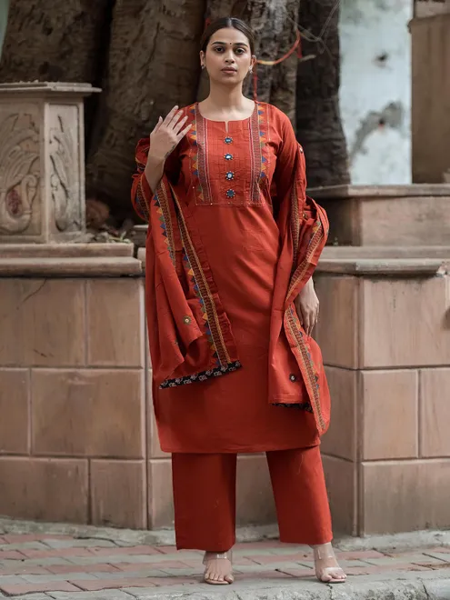 Brown cotton yoke style kurti set