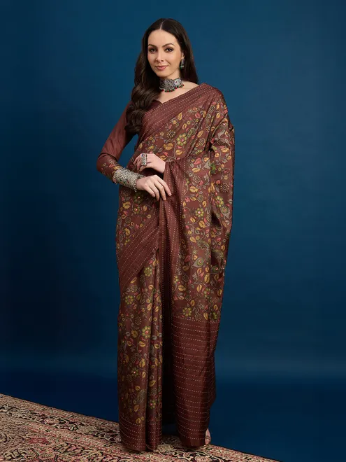 Brown cozi silk printed saree with seauins work
