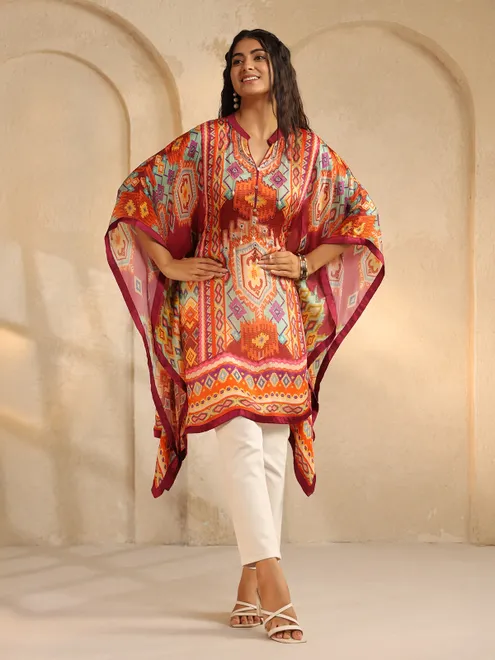 Brown crepe silk printed top ponchos for casual wear