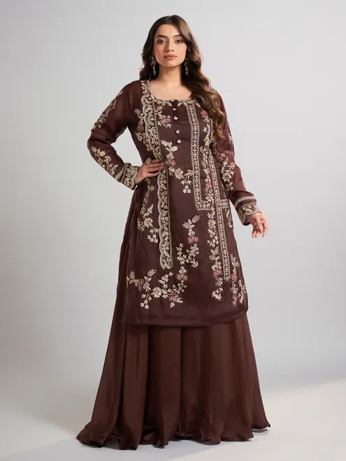 Brown designer pakistani tissue and satin silk palazzo suit