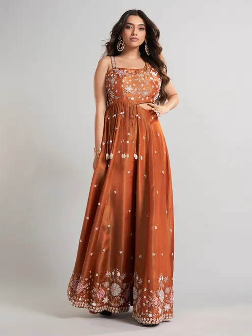 Brown designer silk jumpsuit with embellishments