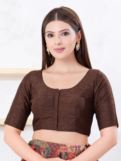 Brown dupion silk solid front open blouse