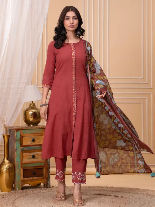 Brown linen straight cut salwar suit with dupatta